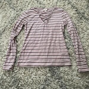Mossimo Supply Co Striped V Neck Long Sleeve Lattice Top‎ Women Size Medium